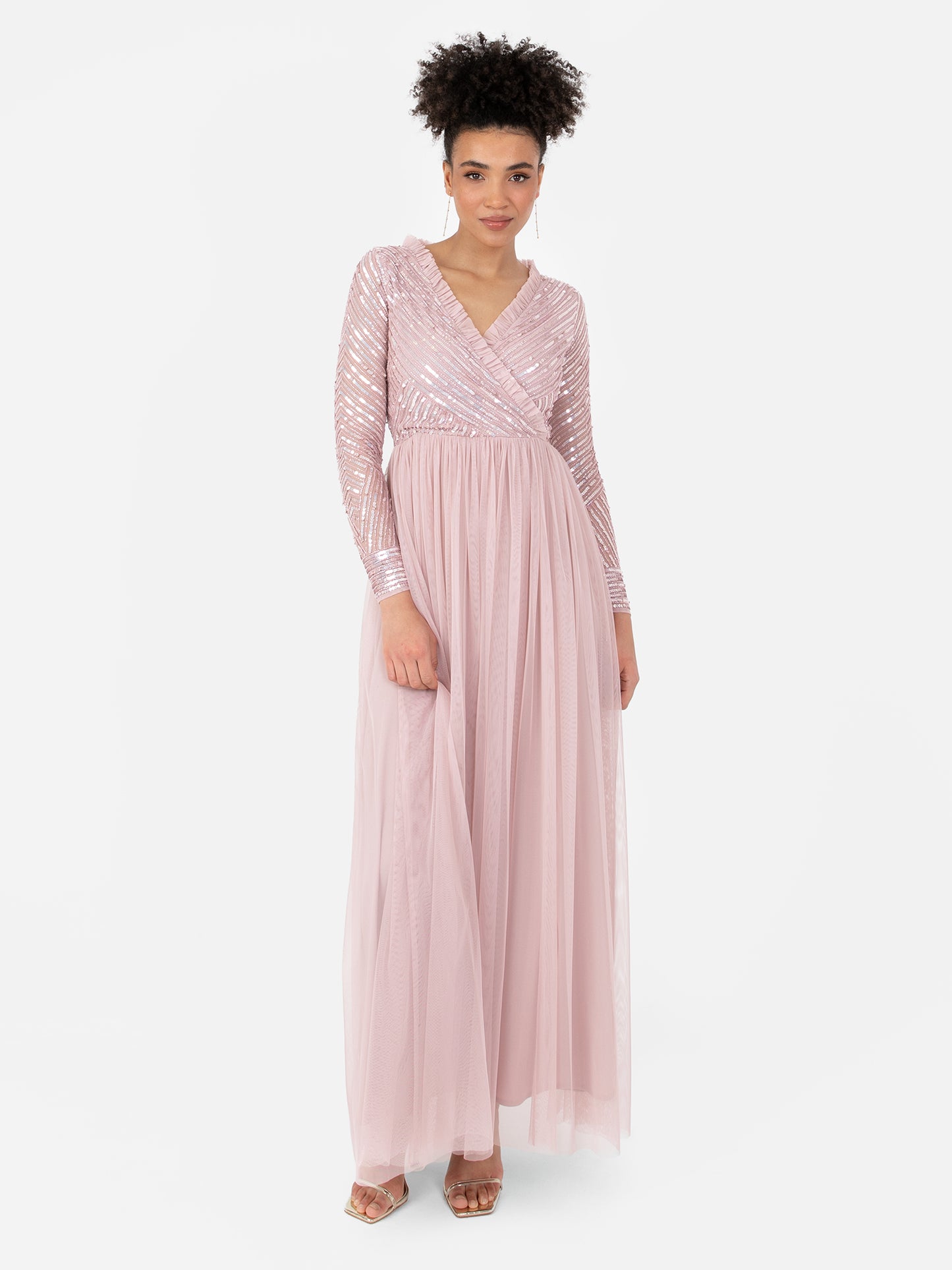 Maya Frosted Pink Stripe Embellished Faux Wrap Bodice Maxi Dress