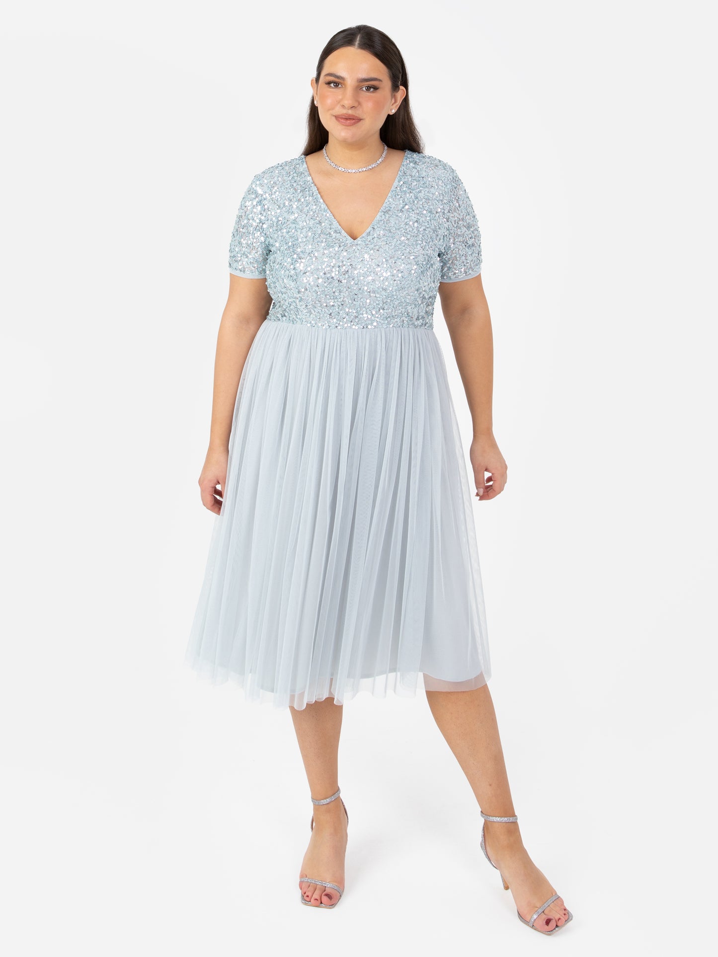 Maya Pale Blue V Neckline Embellished Midi Dress