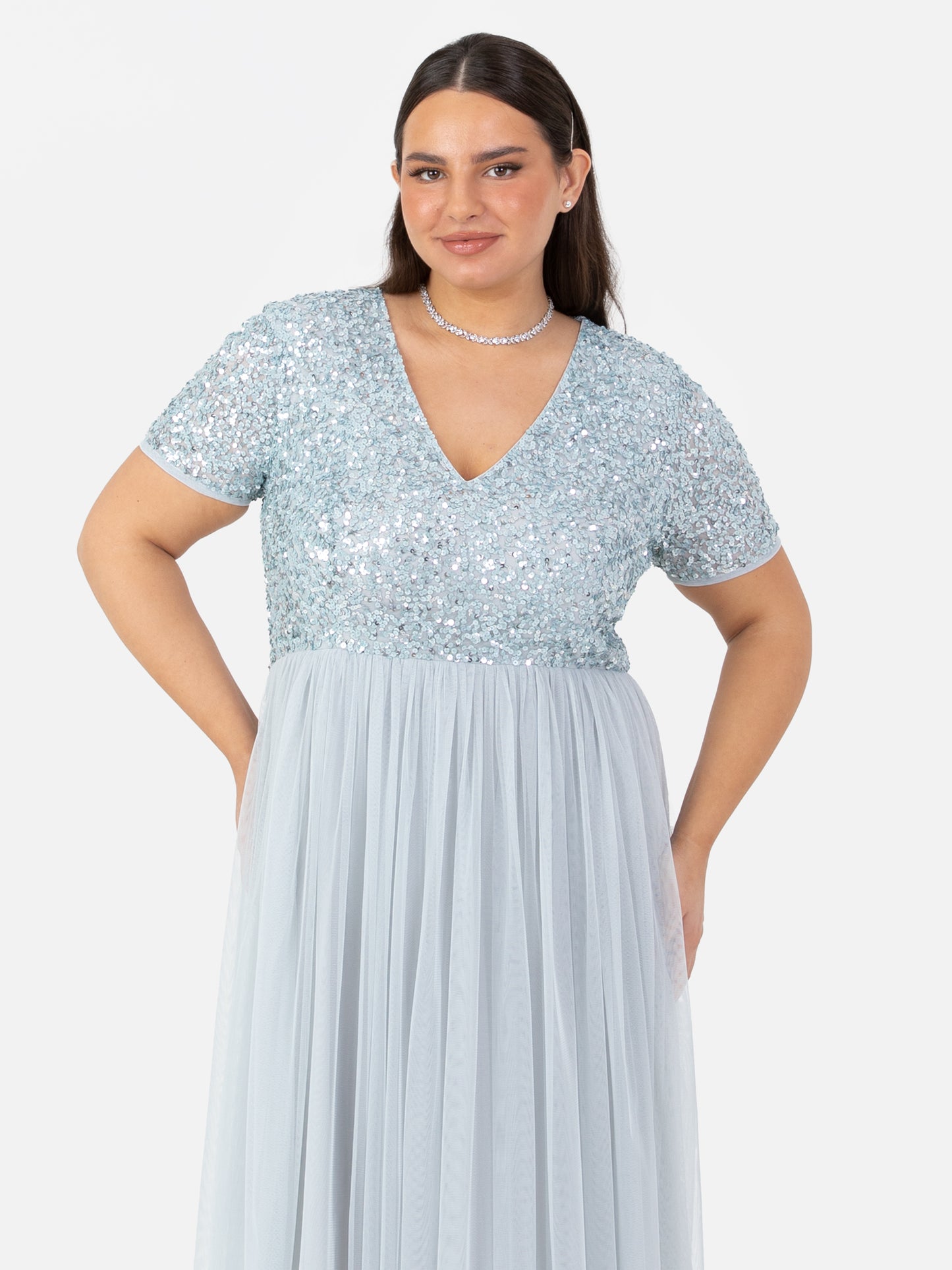 Maya Pale Blue V Neckline Embellished Midi Dress