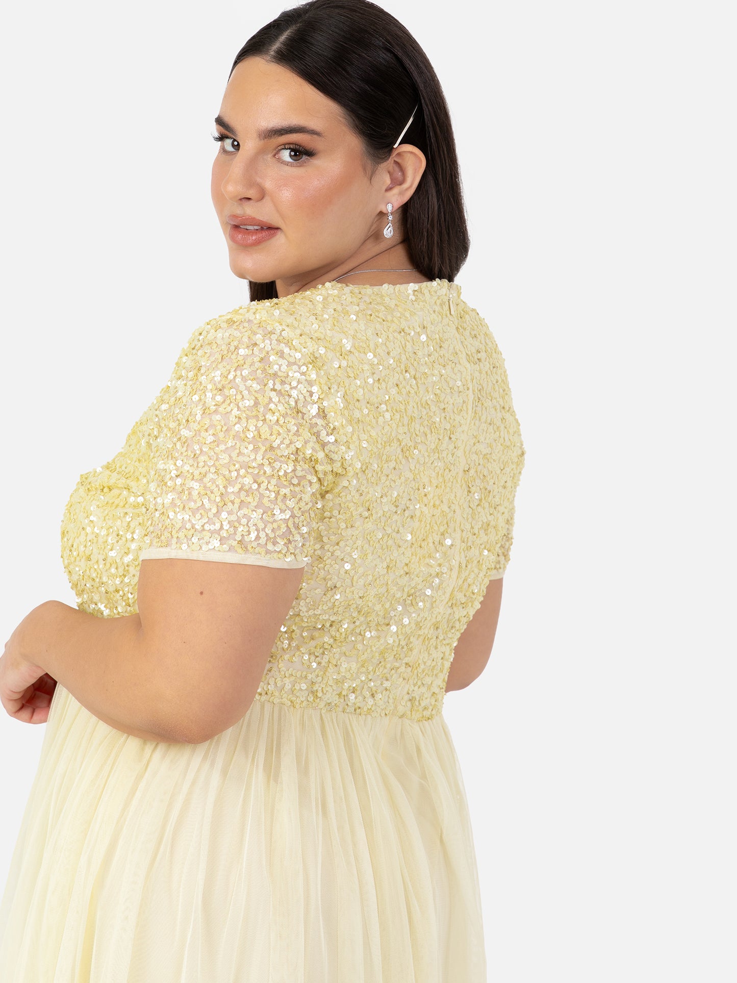 Maya Pale Yellow V Neckline Embellished Midi Dress