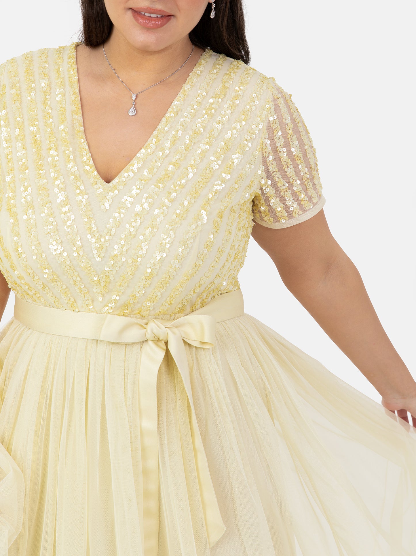 Maya Pale Yellow Stripe Embellished Maxi Dress With Sash Belt