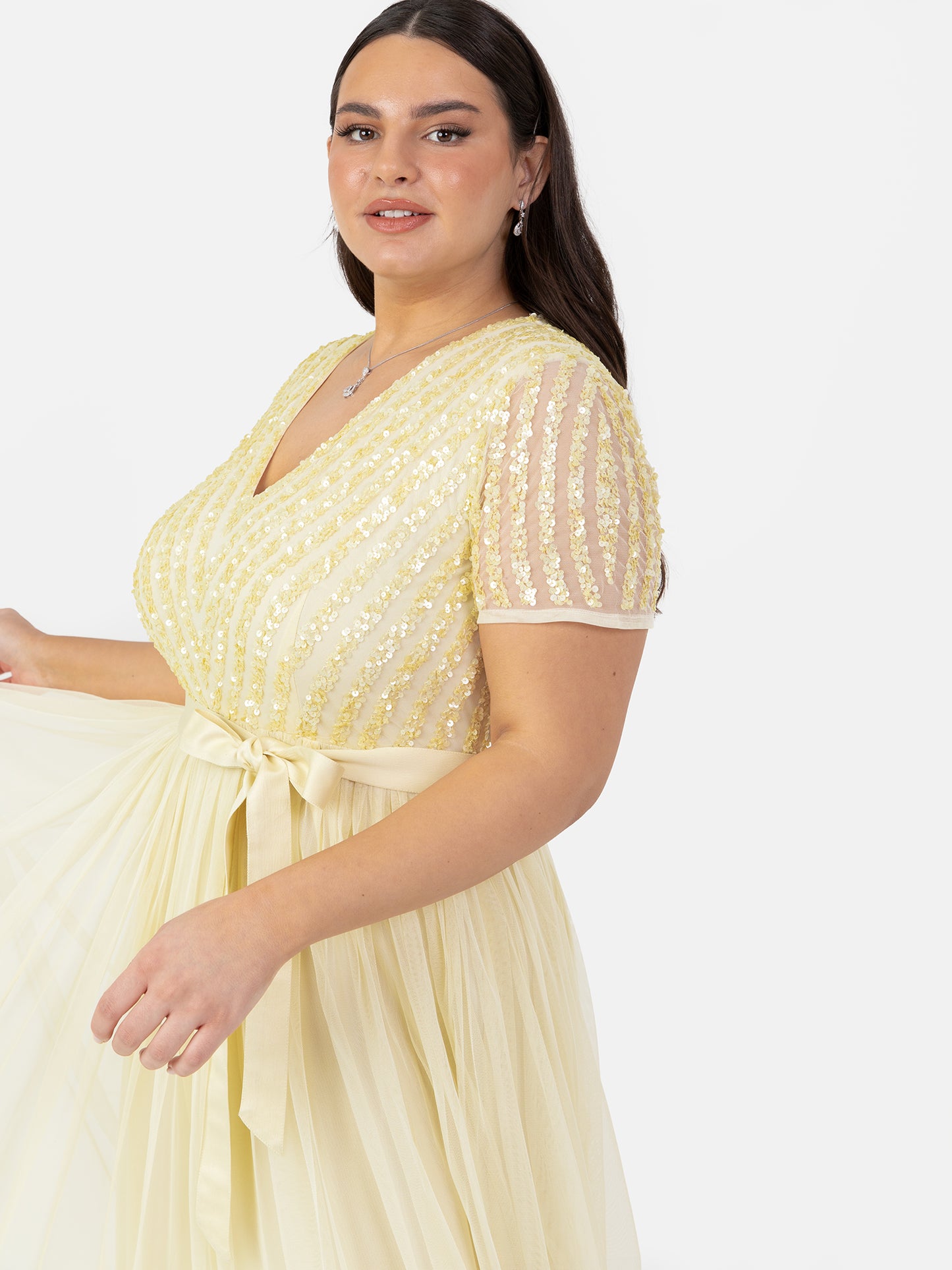 Maya Pale Yellow Stripe Embellished Maxi Dress With Sash Belt
