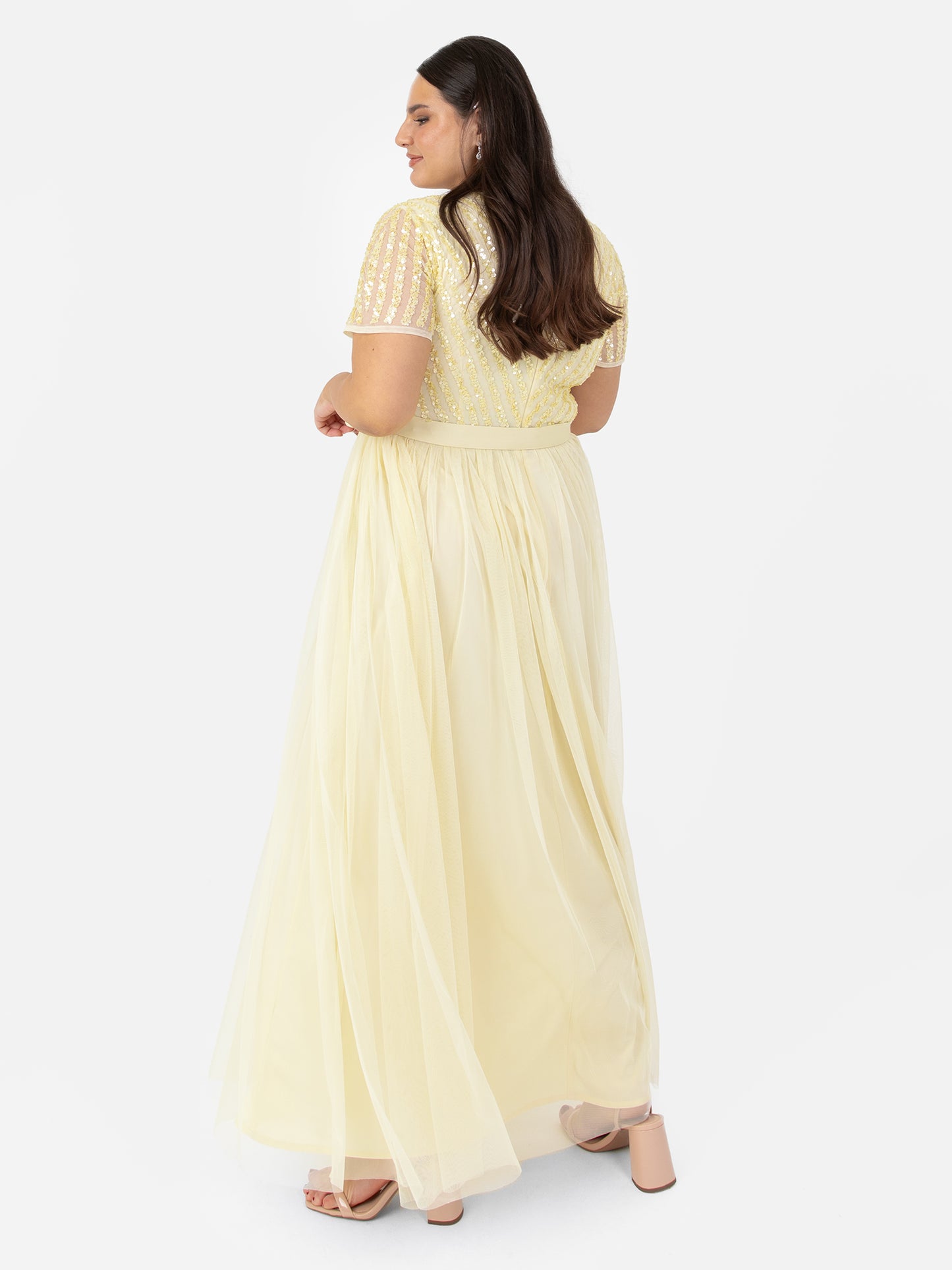Maya Pale Yellow Stripe Embellished Maxi Dress With Sash Belt