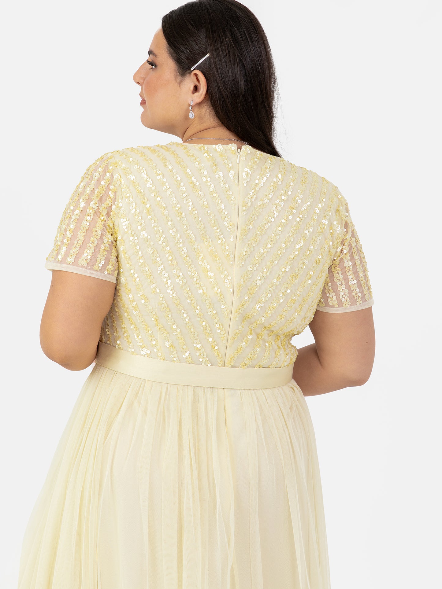 Maya Pale Yellow Stripe Embellished Maxi Dress With Sash Belt