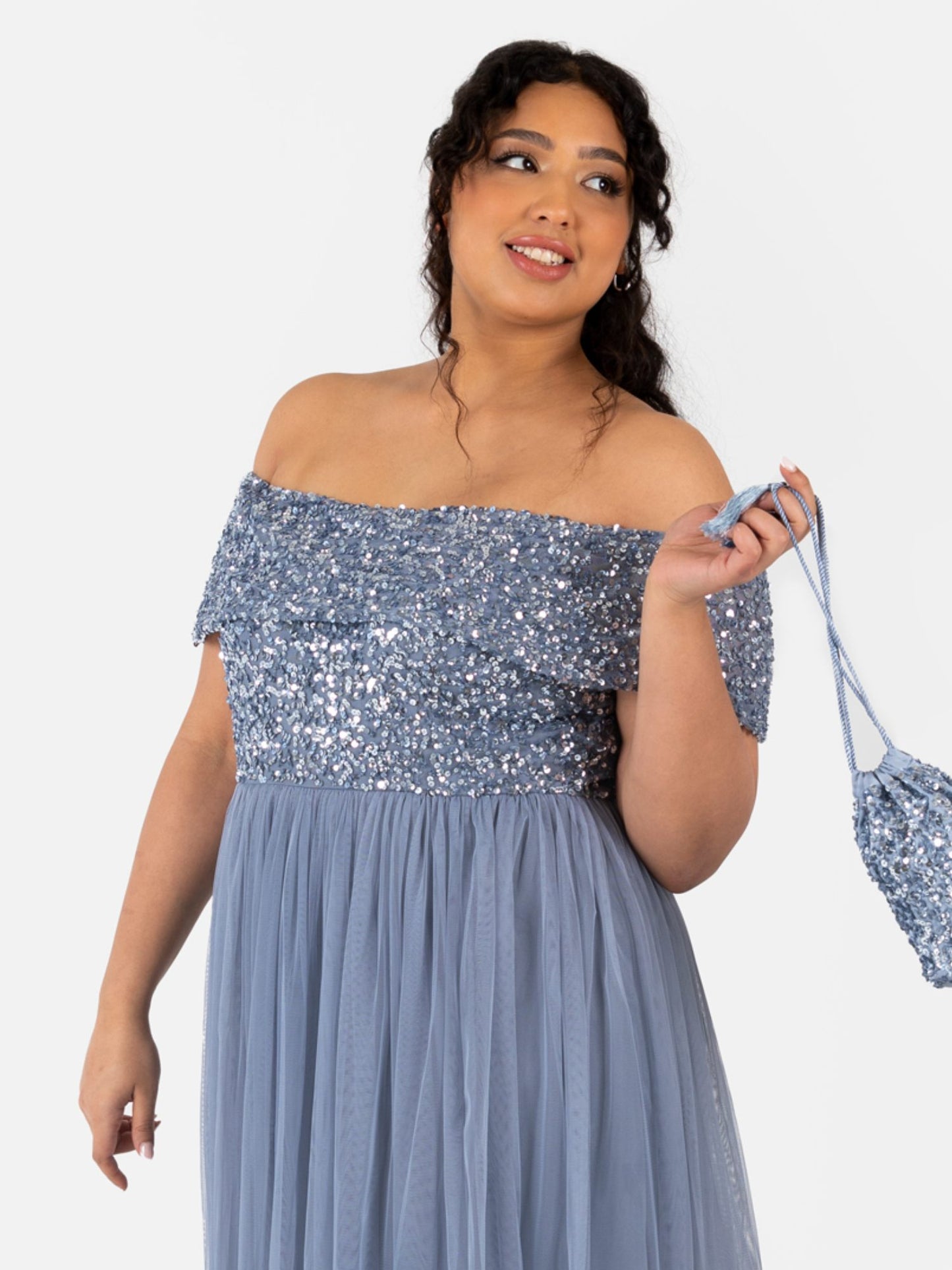 Maya Dusty Blue Bardot Embellished Maxi Dress