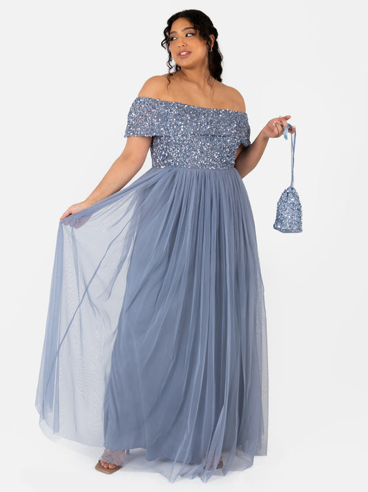 Maya Dusty Blue Bardot Embellished Maxi Dress