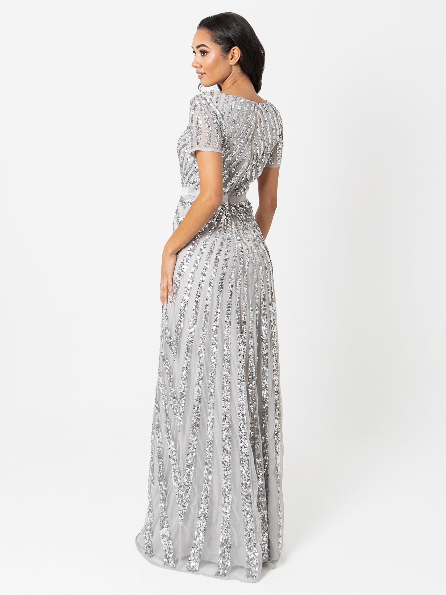 Maya Soft Grey Short Sleeve Stripe Embellished Maxi Dress