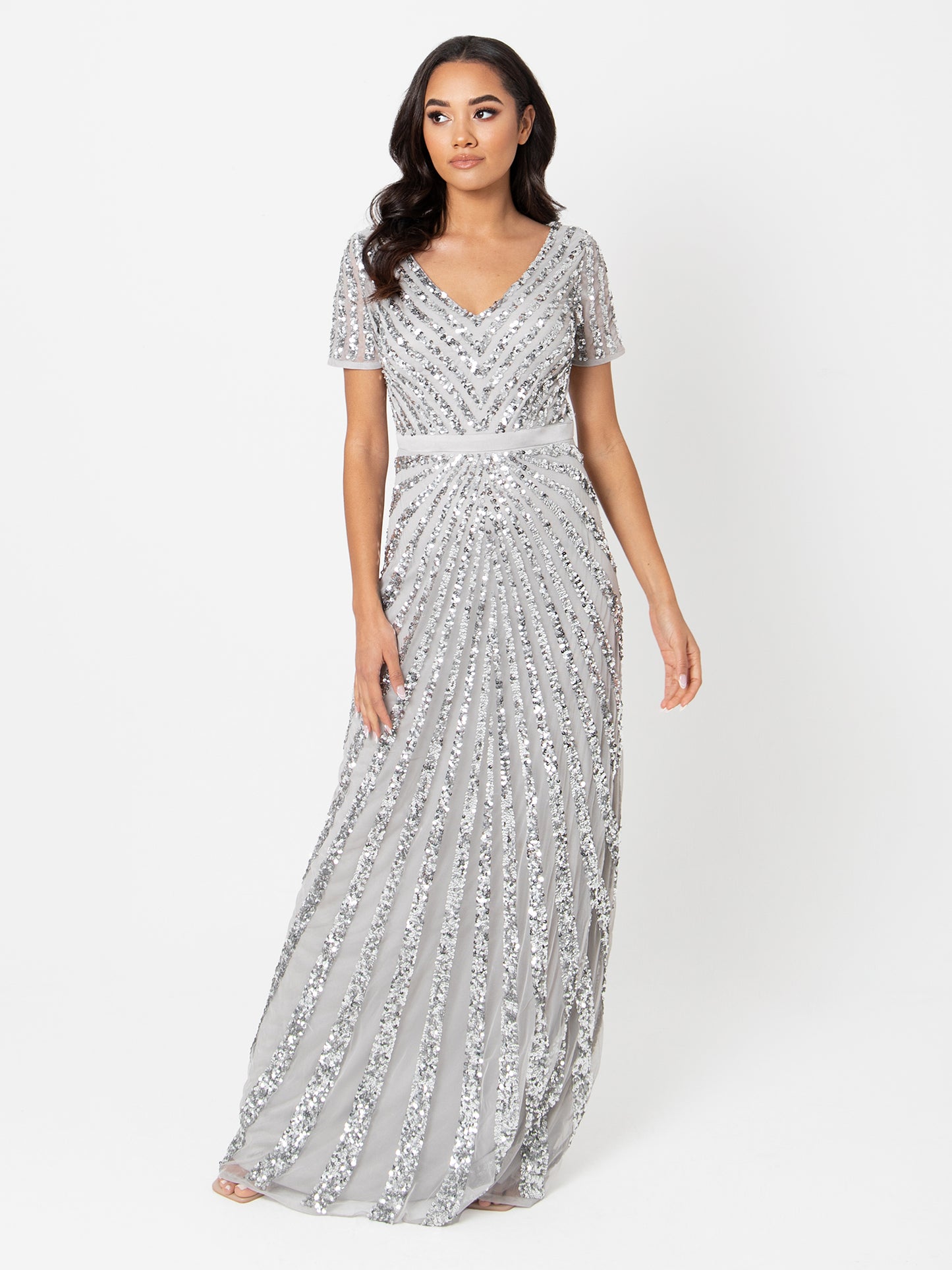 Maya Soft Grey Short Sleeve Stripe Embellished Maxi Dress