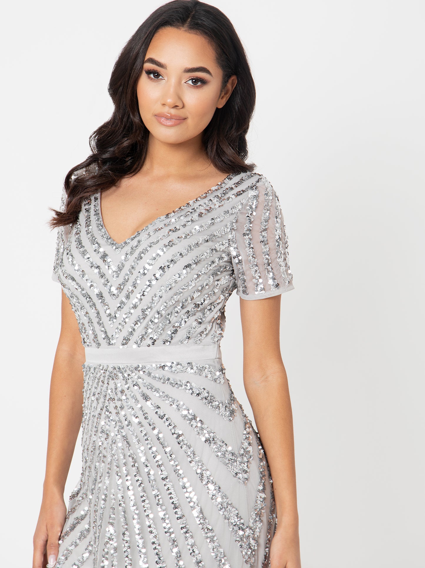 Maya Soft Grey Short Sleeve Stripe Embellished Maxi Dress