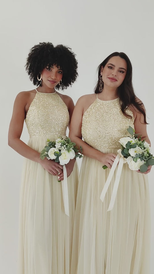 Maya Pale Yellow Embellished Halter Neck Maxi Dress