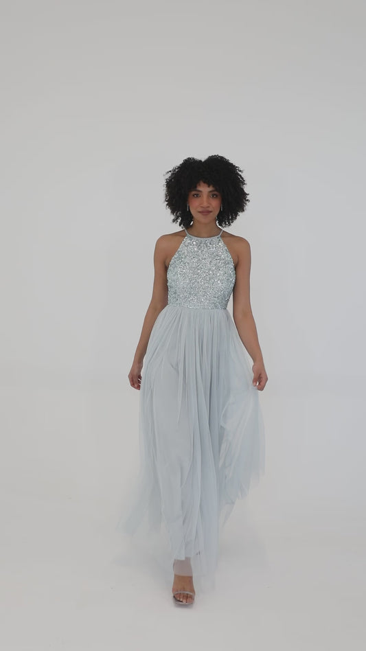 Maya Pale Blue Embellished Halter Neck Maxi Dress