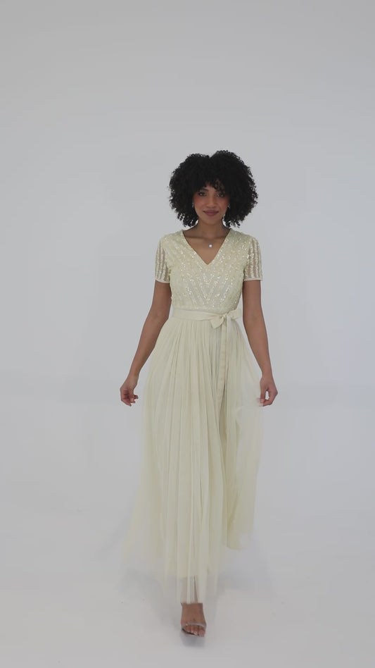 Maya Pale Yellow Stripe Embellished Maxi Dress With Sash Belt