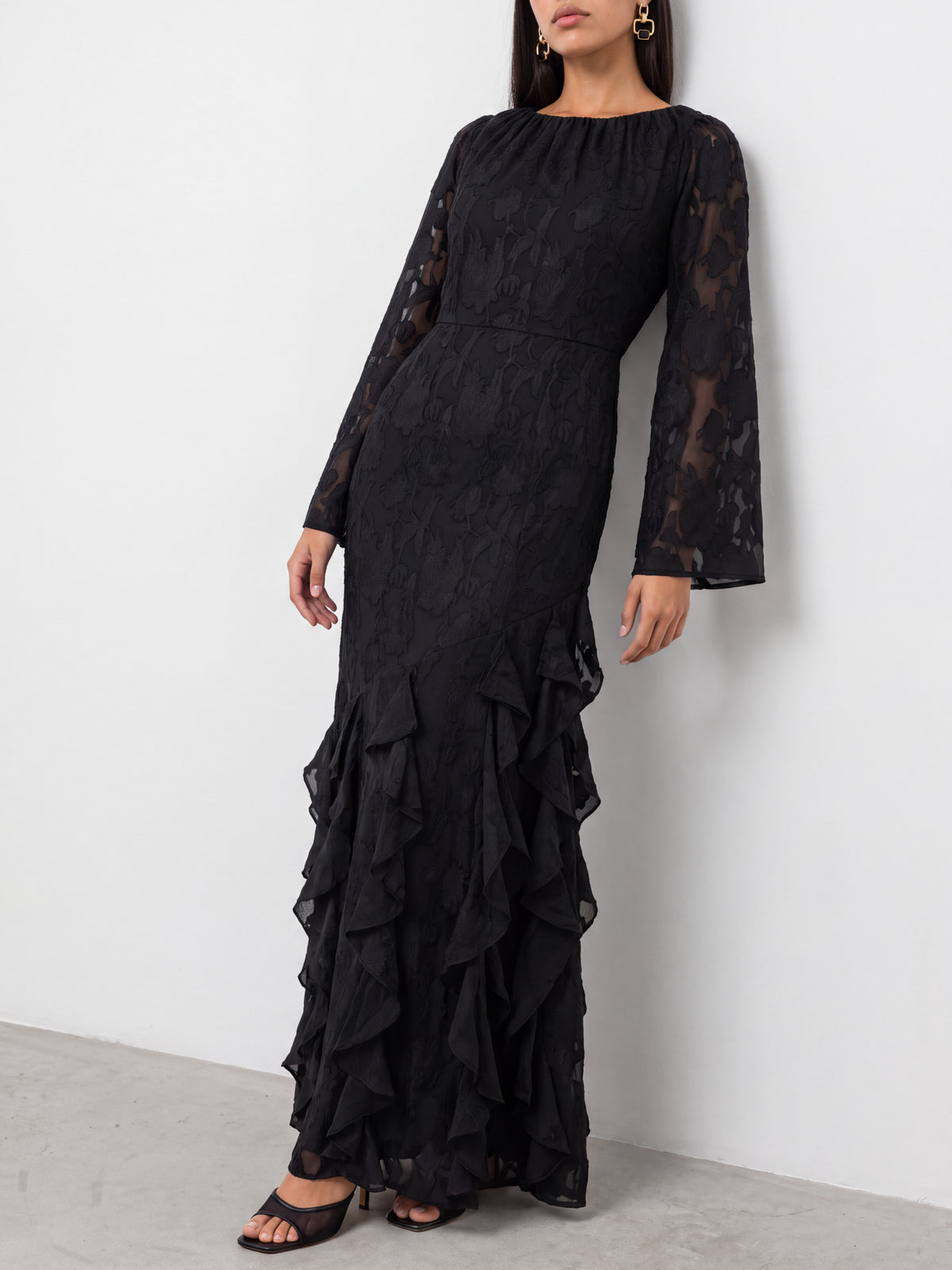 Anaya With Love Recycled Black Floral Burnout Gathered Round Neck Waterfall Ruffle Maxi Dress