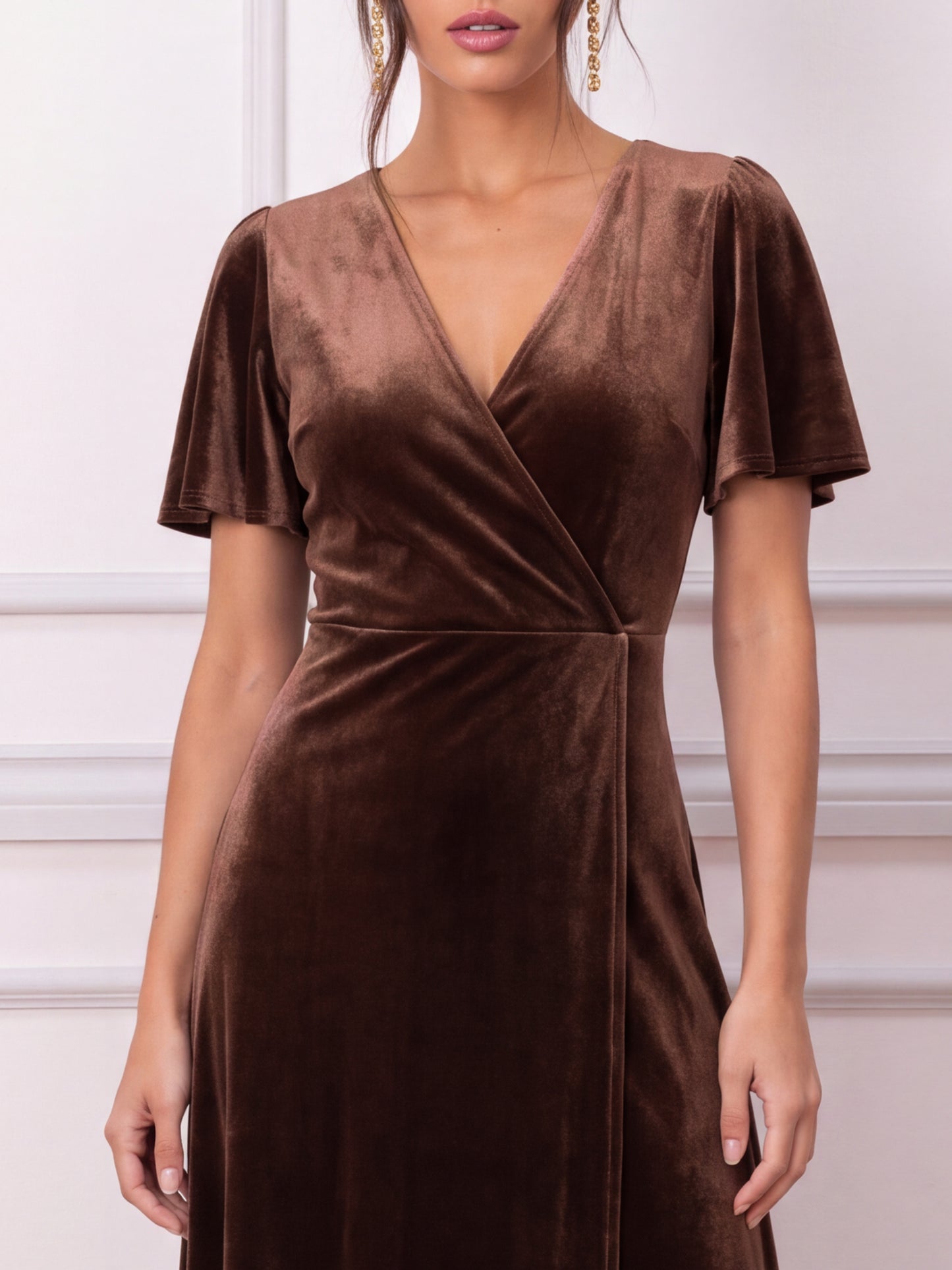 Maya Chocolate Faux Wrap Short Sleeve Velvet Maxi Dress