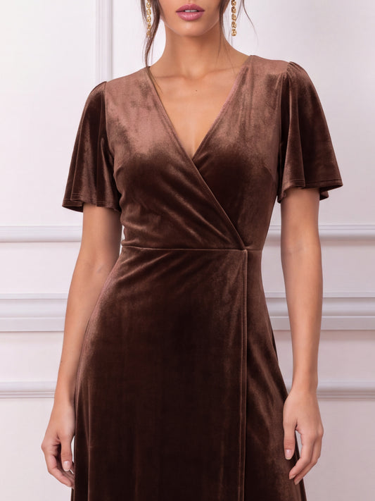 Maya Chocolate Faux Wrap Short Sleeve Velvet Maxi Dress