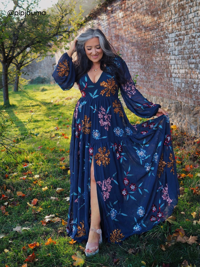 Maya Floral Embellished Navy Maxi Dress with Thigh Split