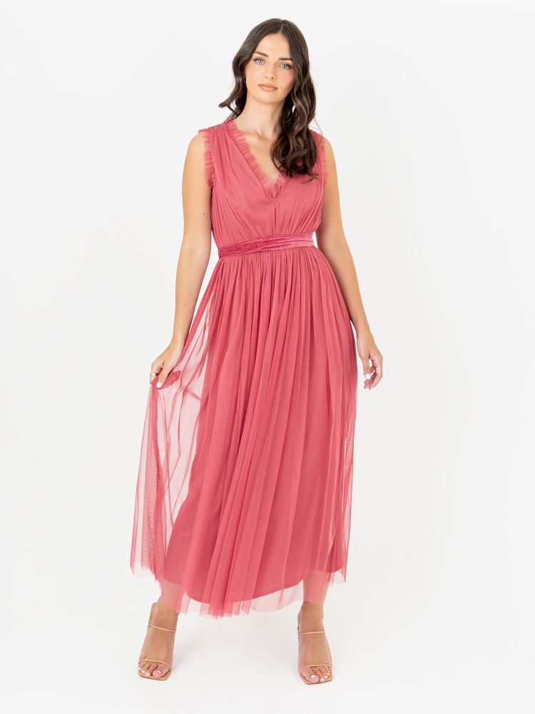 Anaya With Love Recycled  Sleeveless Cranberry Rose Midaxi Dress with Velvet Sash Belt 