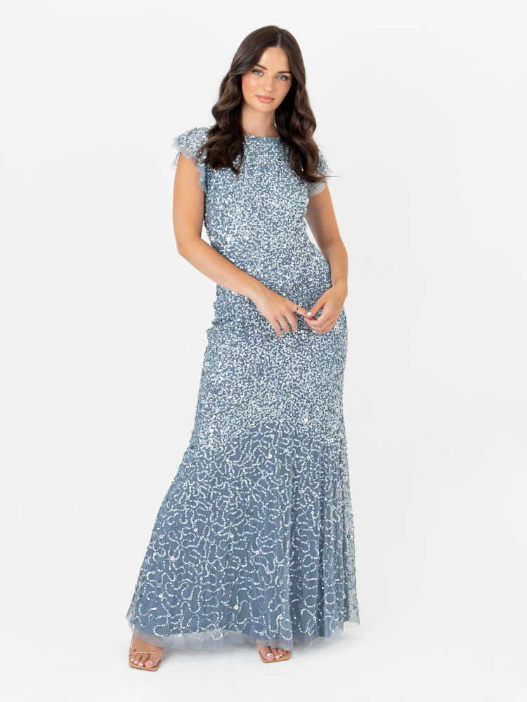 Maya Storm Blue Fully Embellished Flutter Sleeve Maxi Dress 