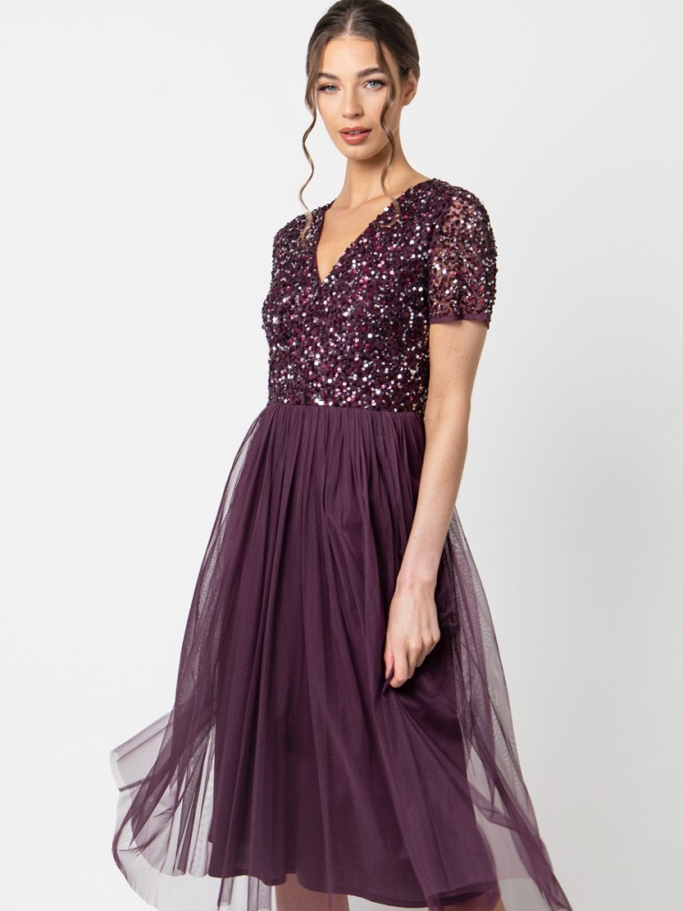 Maya Berry V Neckline Embellished Midi Dress