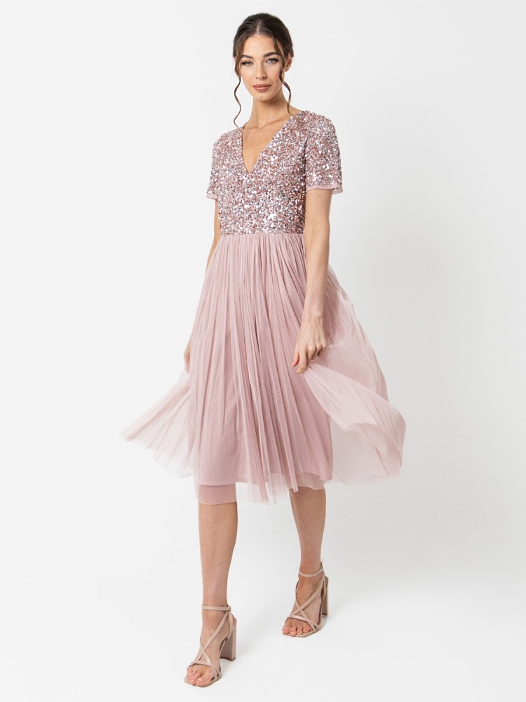 Maya Frosted Pink V Neckline Embellished Midi Dress