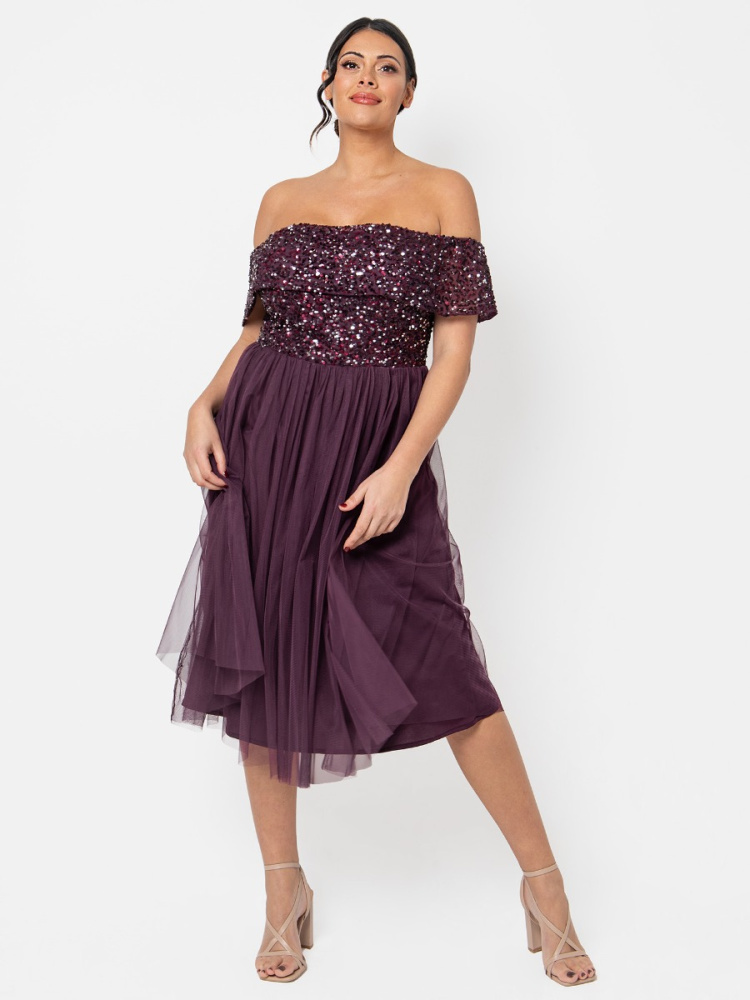 Maya Curve Berry Bardot Embellished Midi Dress