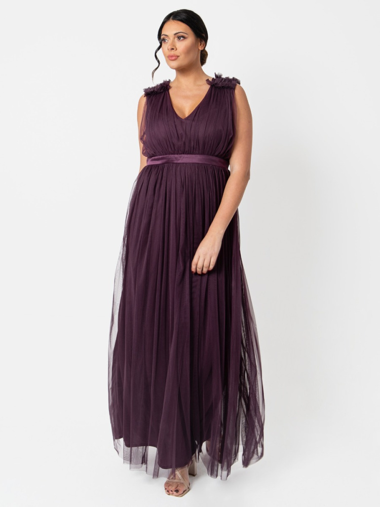 Maya Curve Berry Maxi Dress with Ruffle Shoulder Detail 