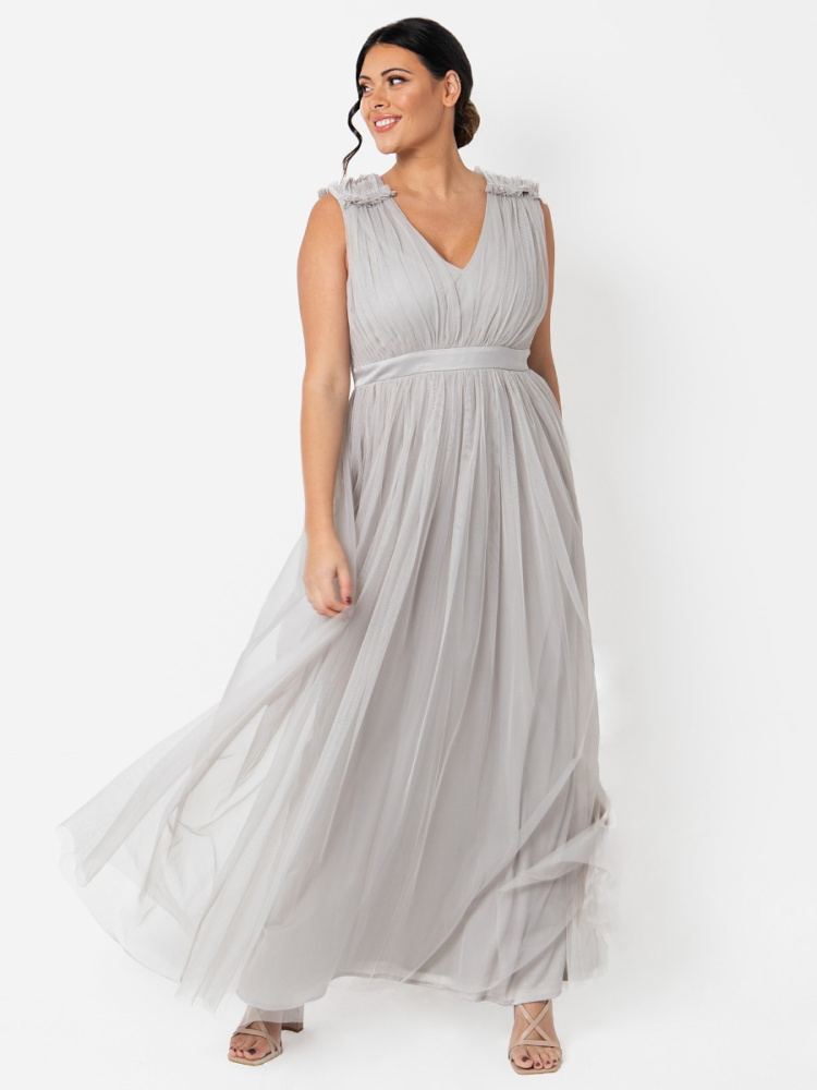 Maya Curve Soft Grey Maxi Dress with Ruffle Shoulder Detail 