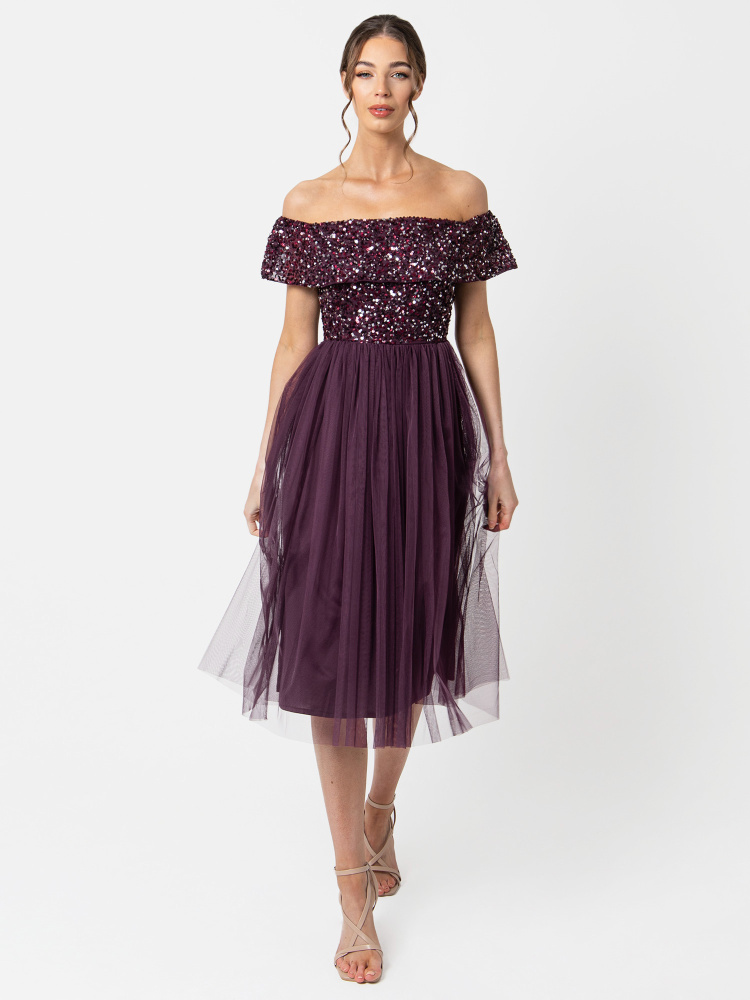 Maya Berry Bardot Embellished Midi Dress