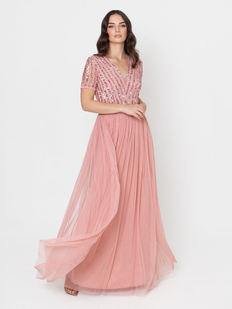 Maya Blossom Pink Stripe Embellished Maxi Dress With Sash Belt