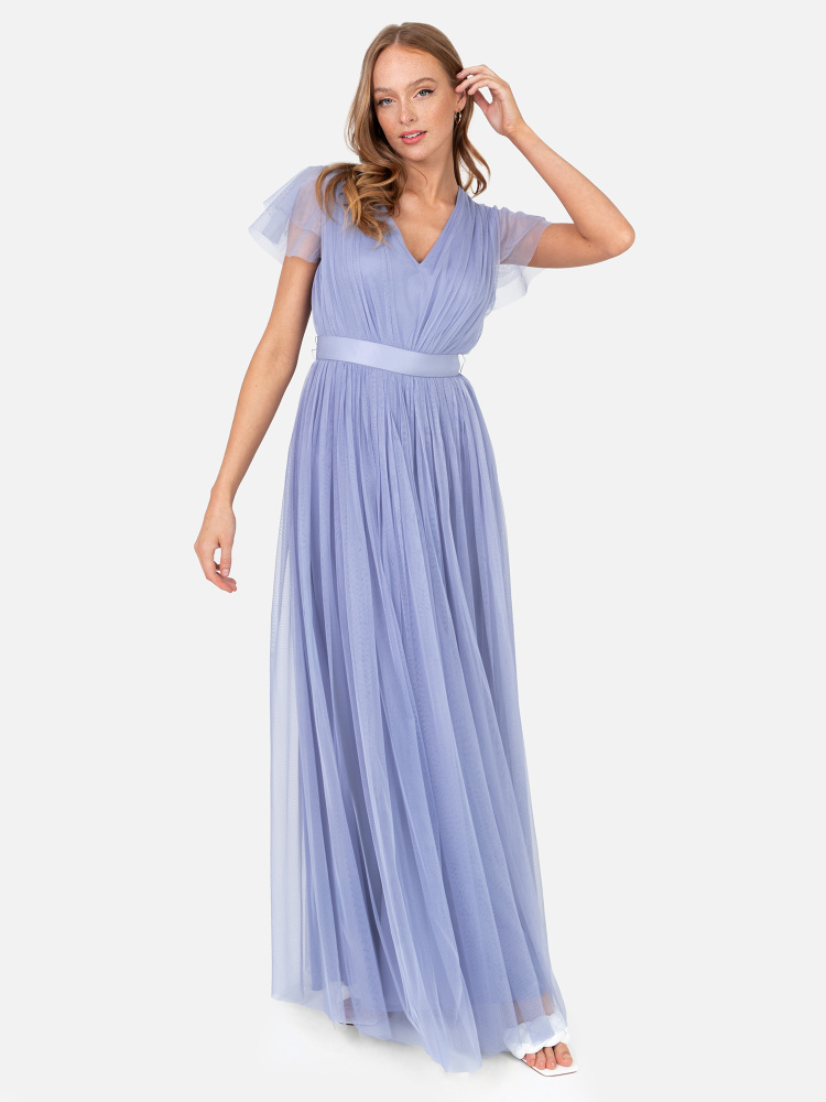 Anaya With Love Recycled Heather Blue V Neck Maxi Dress with Sash Belt
