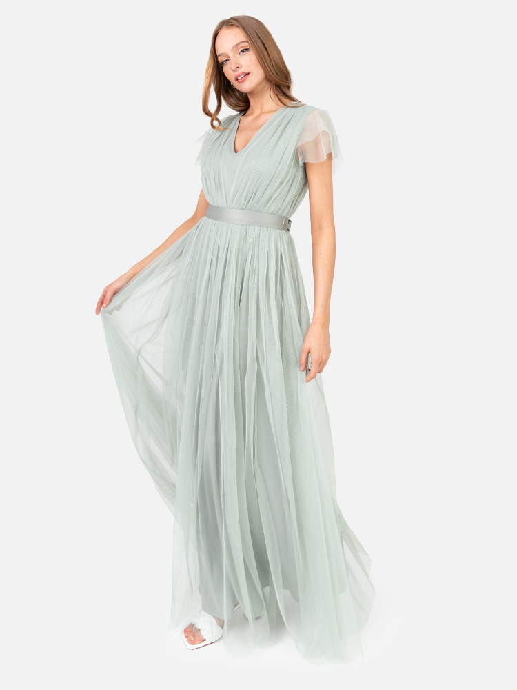 Anaya With Love Recycled Sage Green V Neck Maxi Dress with Sash Belt