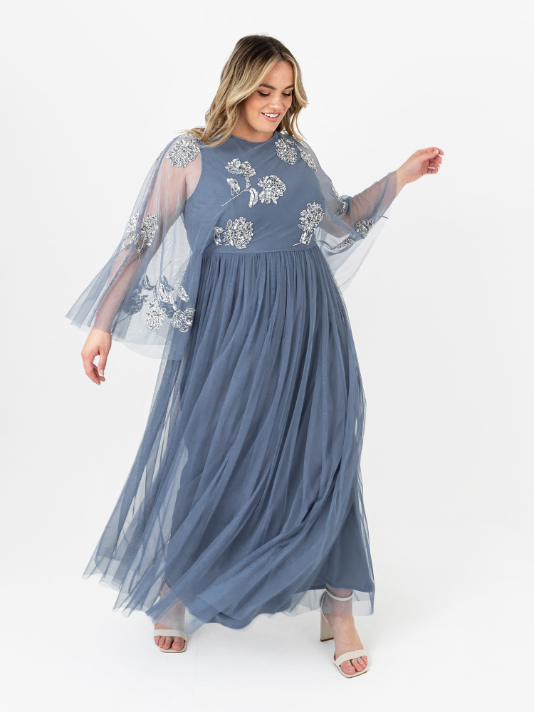 Maya Curve Storm Blue Floral Embellished Maxi Dress with Sheer Kimono Sleeves