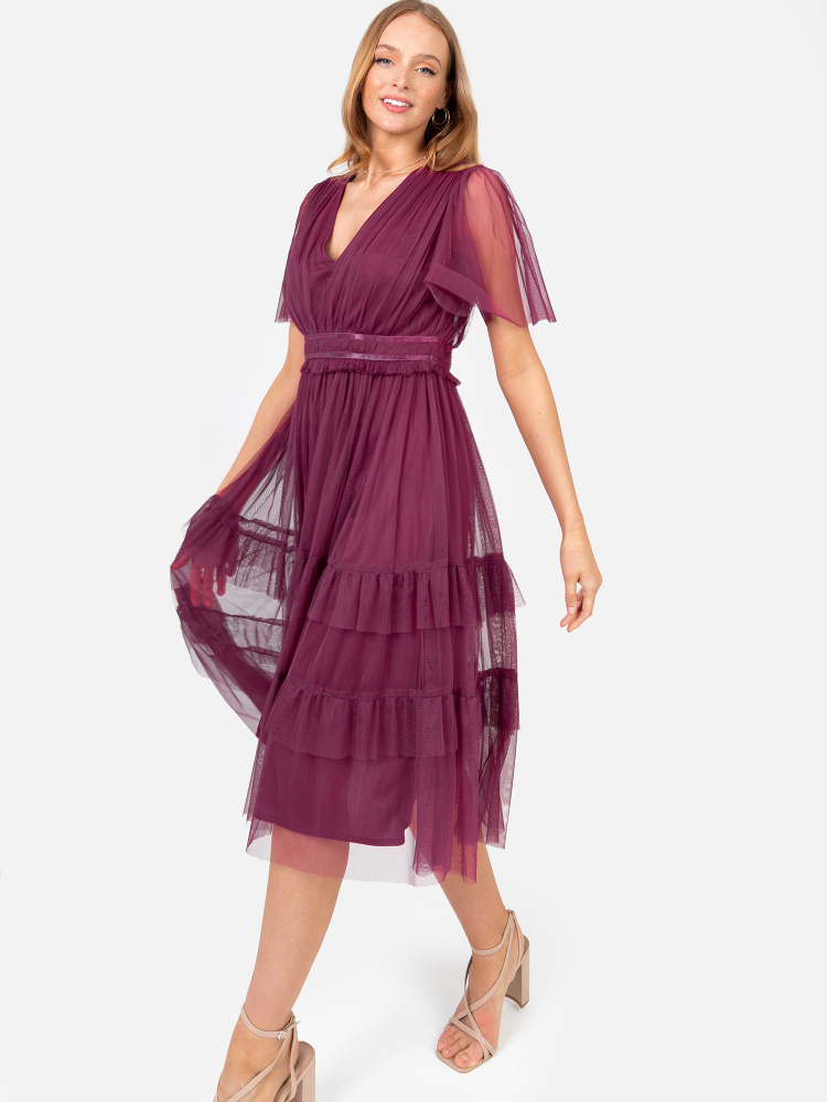 Anaya With Love Recycled Plum Midi Dress with Ruffle and Satin Band Detail