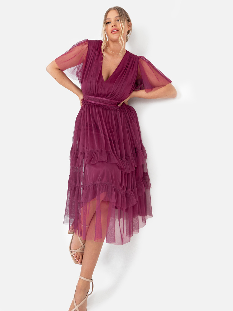 Anaya With Love Recycled Curve Plum Midi Dress with Ruffle and Satin Band Detail