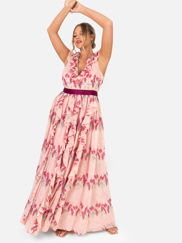 Anaya with Love Recycled Curve Sleeveless Floral Maxi Dress with Ruffle Detail and Sash Belt