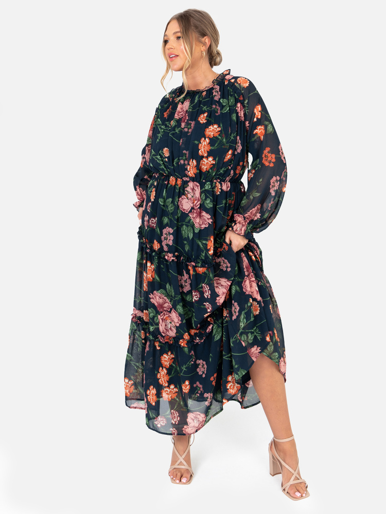 Anaya with Love Recycled Curve Long Sleeve Floral Midaxi Dress With Keyhole Detail