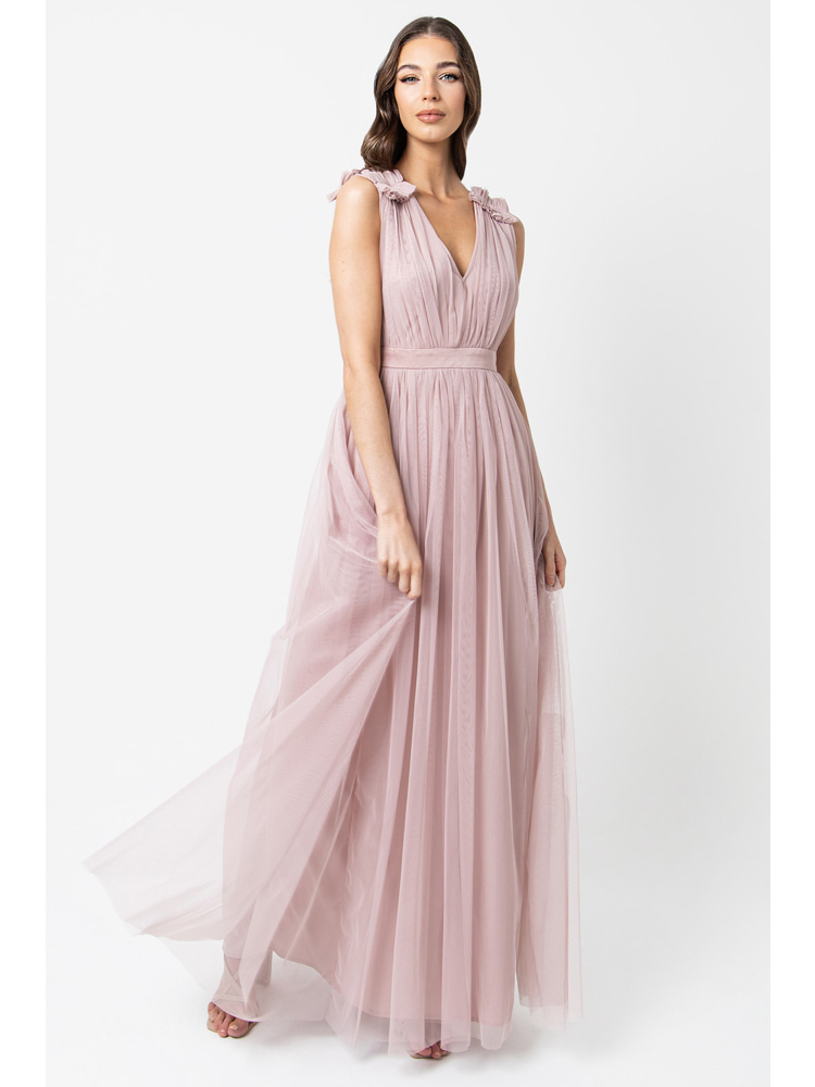 Maya Frosted Pink Maxi Dress With Ruffle Shoulder Detail 