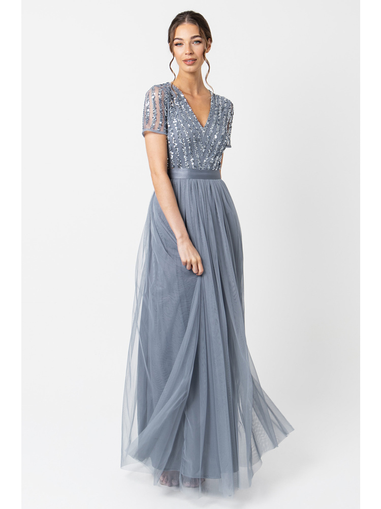 Maya Dusty Blue Stripe Embellished Maxi Dress With Sash Belt
