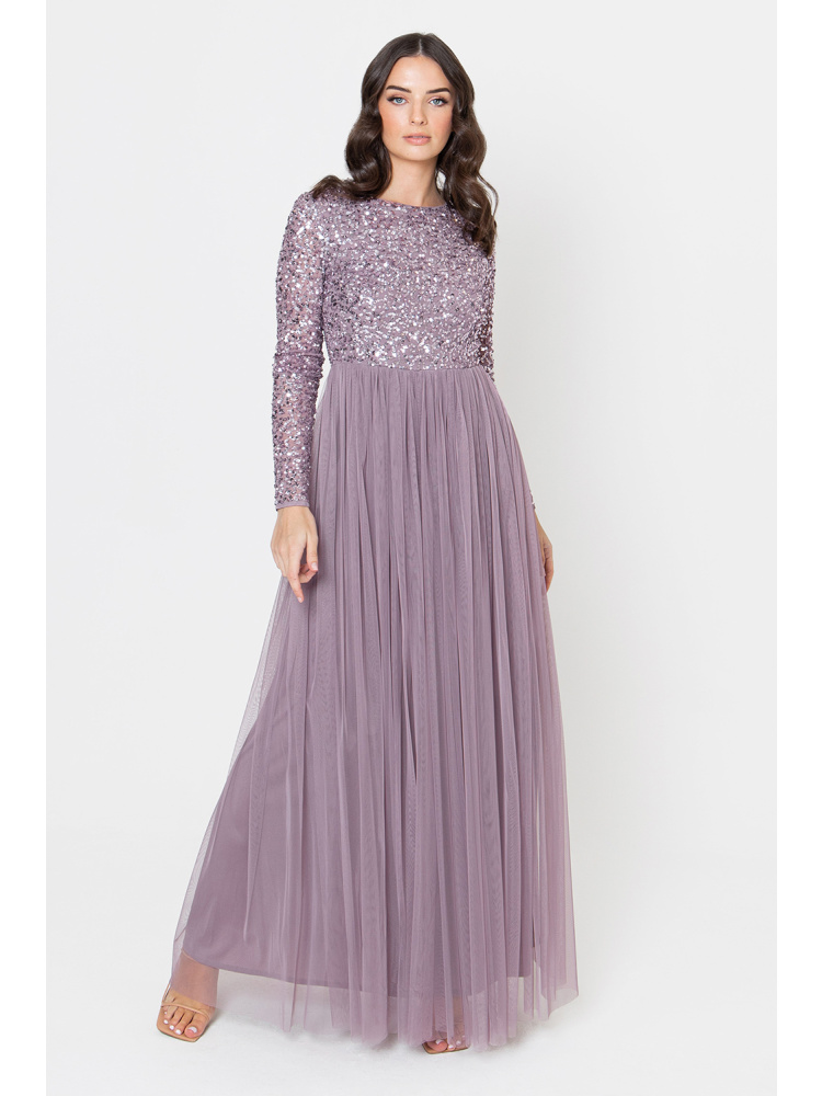 Maya Moody Lilac Embellished Long Sleeve Maxi Dress