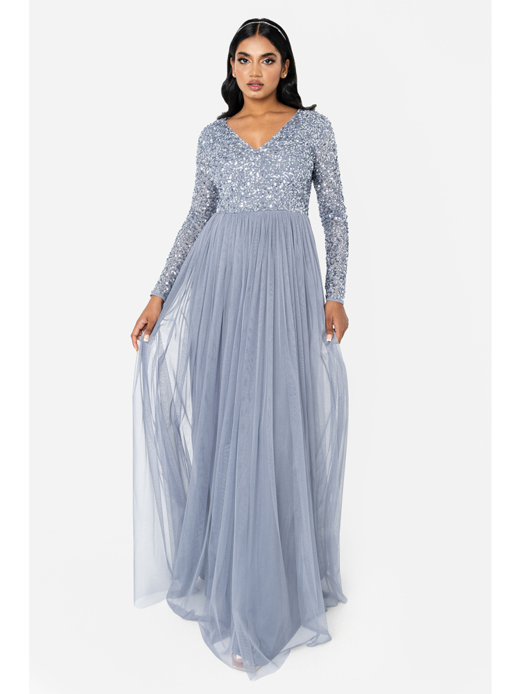 Maya Dusty Blue V Neck Embellished Long Sleeve Maxi Dress