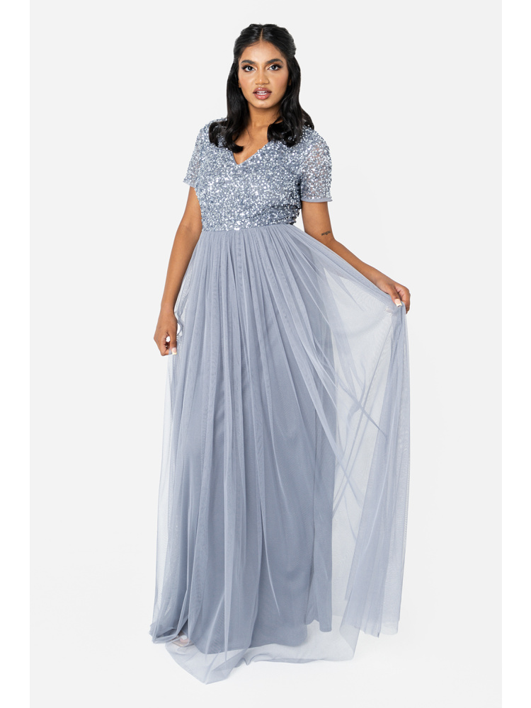  Maya Dusty Blue V Neckline Embellished Maxi Dress 