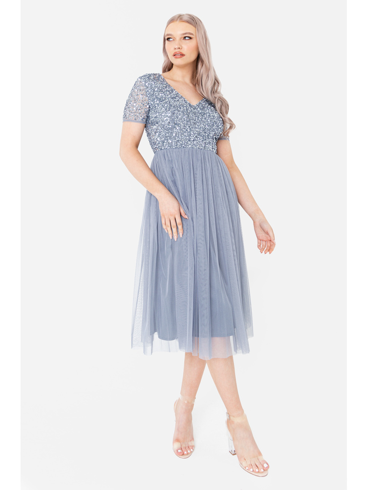 Maya Dusty Blue V Neckline Embellished Midi Dress