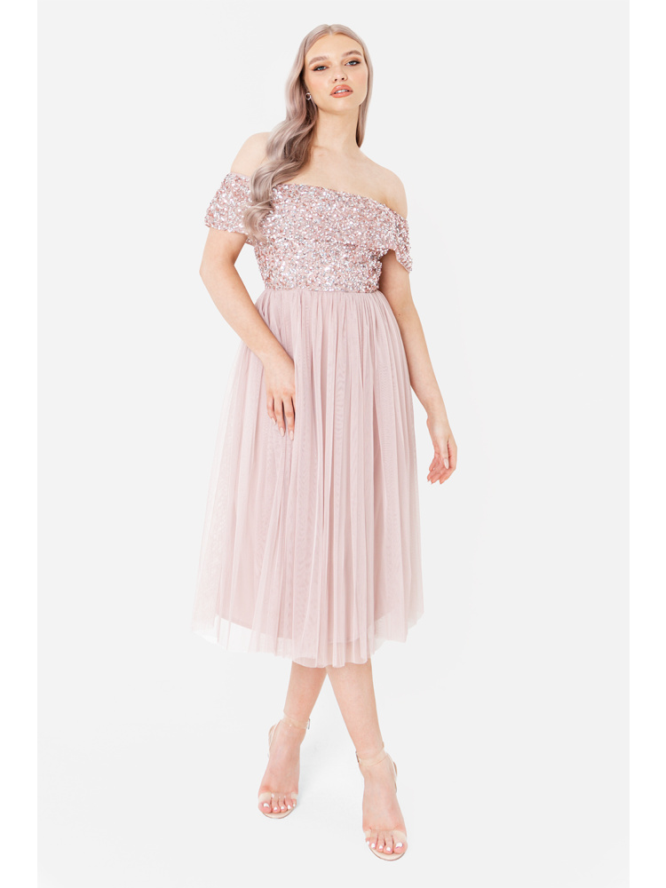 Maya Frosted Pink Bardot Embellished Midi Dress
