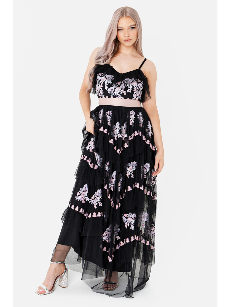 Maya Floral Embroidery Tired Black Maxi Dress