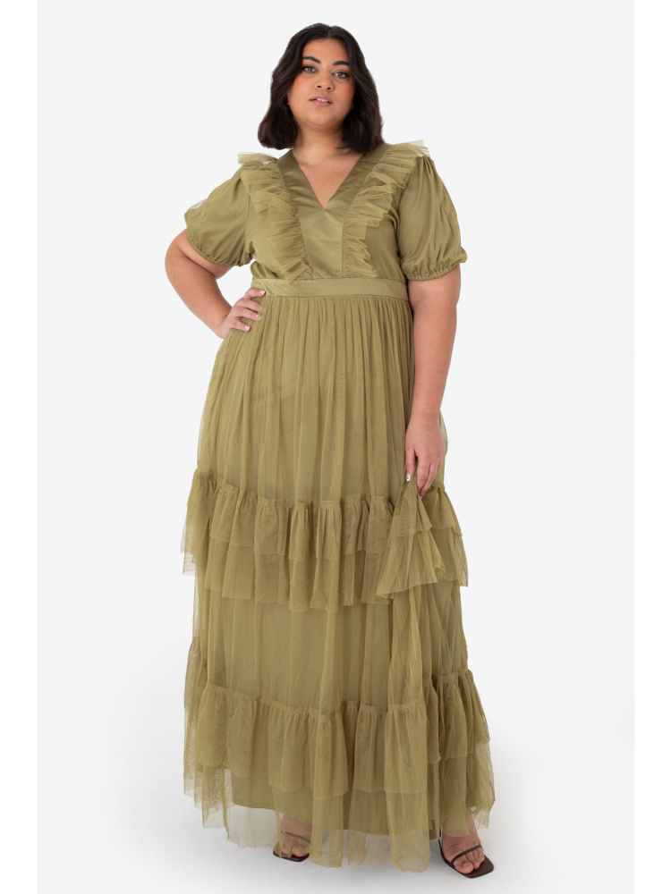 Anaya With Love Curve Recycled Olive Tulle Maxi Dress with Keyhole Back