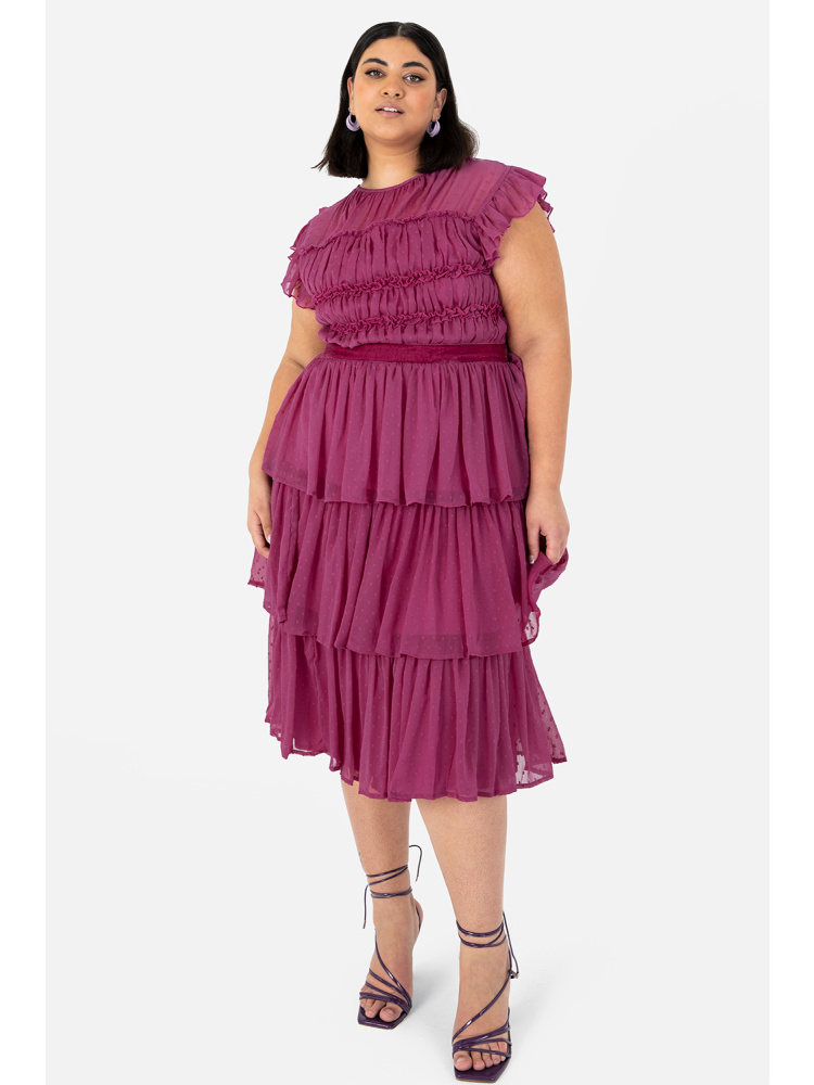 Anaya with Love Recycled Curve Pink Tiered Midi Dress with Frill Detail