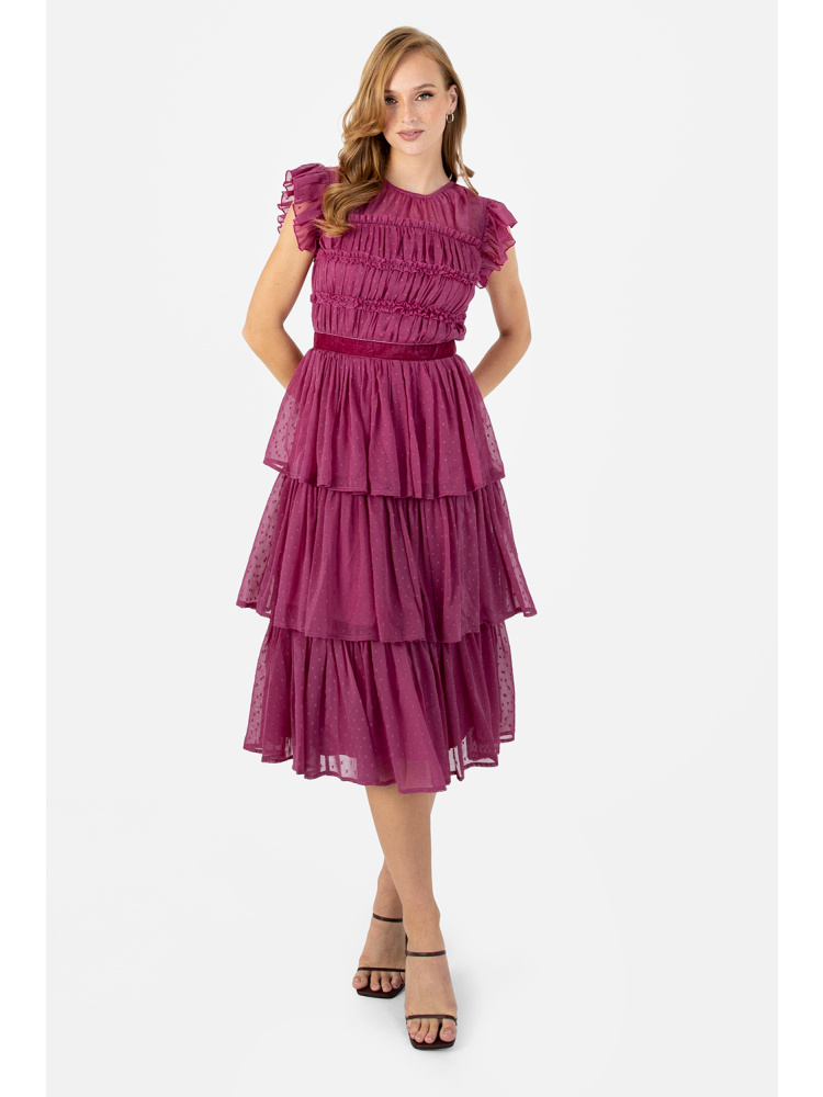 Anaya with Love Recycled Pink Tiered Midi Dress with Frill Detail
