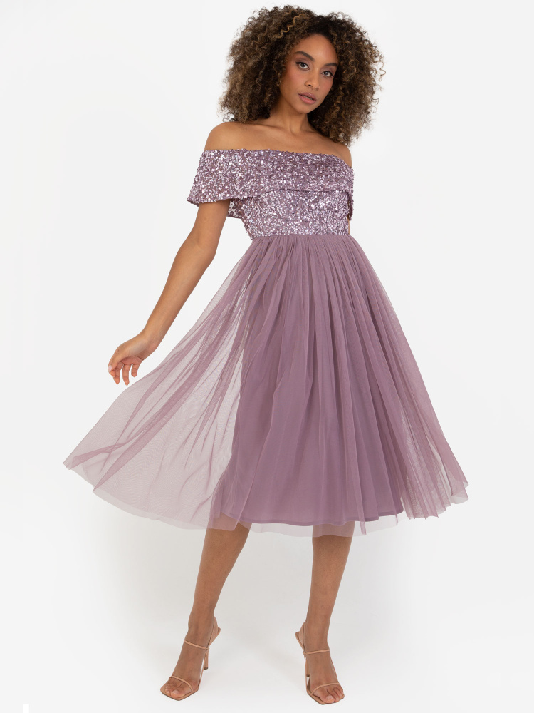 Maya Moody Lilac Bardot Embellished Midi Dress