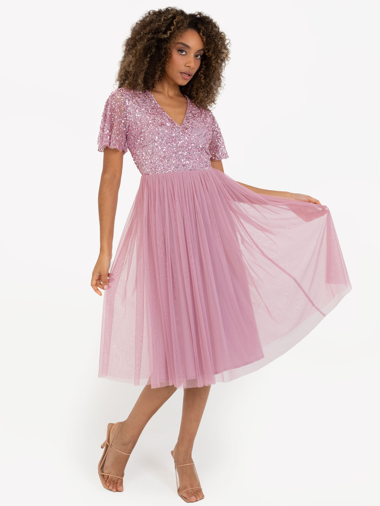 Maya Pink Faux Wrap Short Sleeve Embellished Midi Dress 