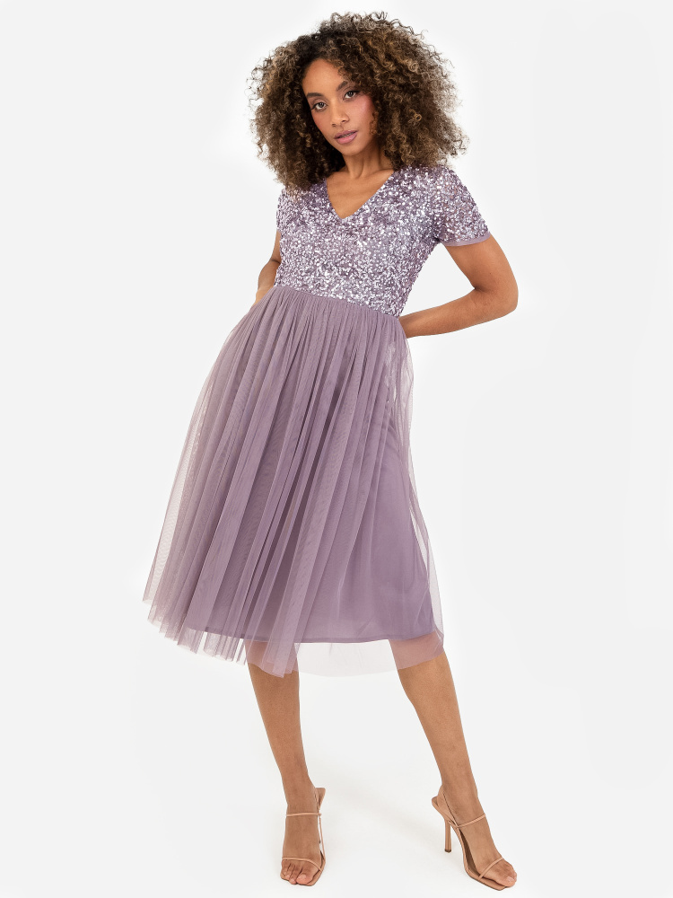 Maya Moody Lilac V Neckline Embellished Midi Dress